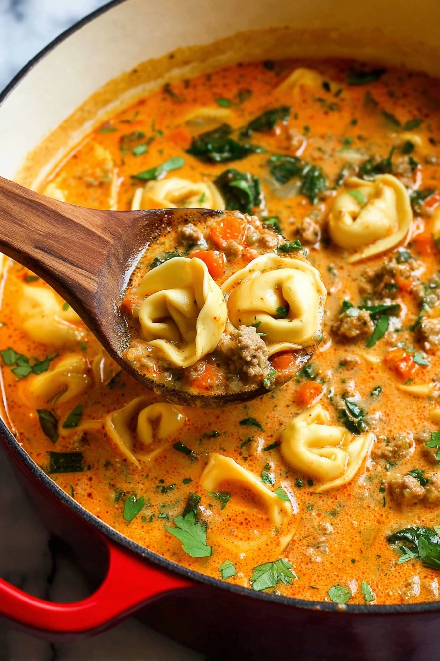 The image shows a rich, creamy soup with a thick orange broth filling a white pot with a red edge. Floating in the soup are soft tortellini pasta with a pale yellow color, mixed with small pieces of ground meat, tiny diced carrots in orange, and bits of green leafy herbs scattered all over. A wooden spoon lifts some of the soup, showing three layers: the orange liquid base, tortellini with herbs and meat, and small vegetable pieces. The soup looks smooth and creamy with fresh green herbs adding fresh color on top. The scene rests on a white marbled surface. Photo taken with an iphone --ar 2:3 --v 7