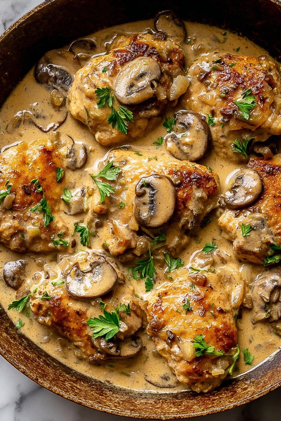The image shows a pan filled with seven golden-brown cooked chicken pieces covered in a thick creamy light brown sauce with slices of cooked mushrooms scattered on top and within the sauce. Small green parsley leaves are placed on top in several places for garnish. The chicken pieces have a slightly crispy texture and are partially submerged in the sauce, which looks smooth and rich, with small visible bits of onion or seasoning. The pan has a rustic look, and the background is a white marbled texture photo taken with an iphone --ar 2:3 --v 7