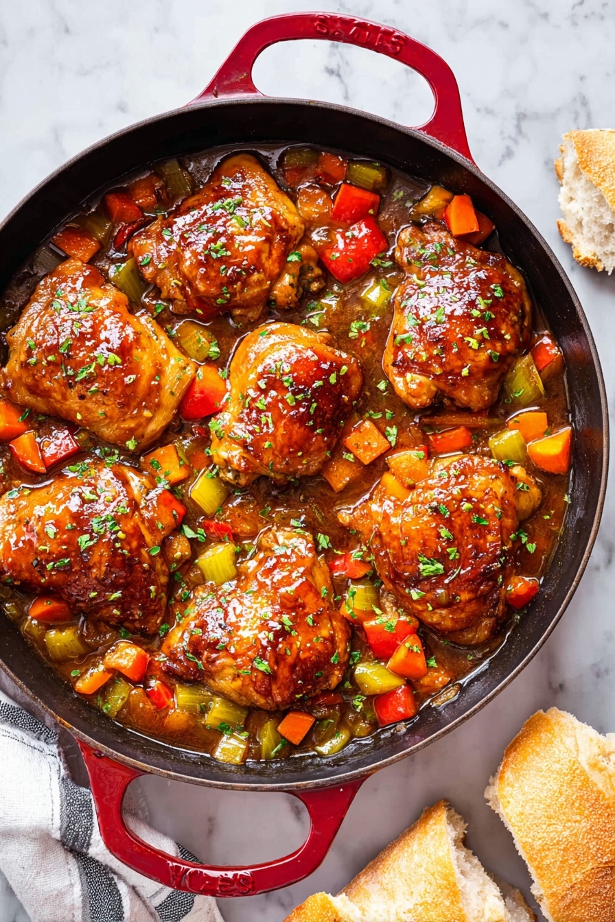A round black pan with red handles holds nine golden-brown cooked chicken thighs on top, each glossy with a thick brown sauce. Mixed around the chicken are chopped vegetables including orange carrot pieces, green celery, and red bell peppers, all covered with sauce and sprinkled with small bits of green herbs. The pan sits on a white marbled surface, and next to it on the right side are two torn pieces of bread with a light brown crust and soft inside. Photo taken with an iphone --ar 2:3 --v 7