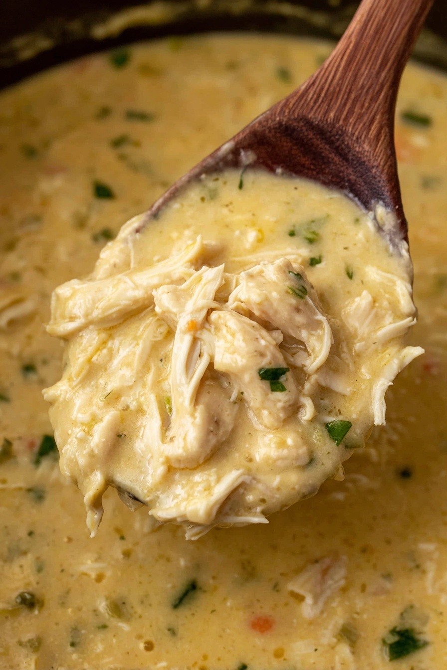 This image shows a close-up of a wooden spoon lifting a thick, creamy yellow soup with shredded white chicken pieces and small bits of green herbs and vegetables throughout. The soup appears smooth with a few small lumps, and the background is filled with the same creamy soup in a pot. The colors include light yellow with hints of green and white from the chicken, creating a warm and rich look. The photo taken with an iphone --ar 2:3 --v 7