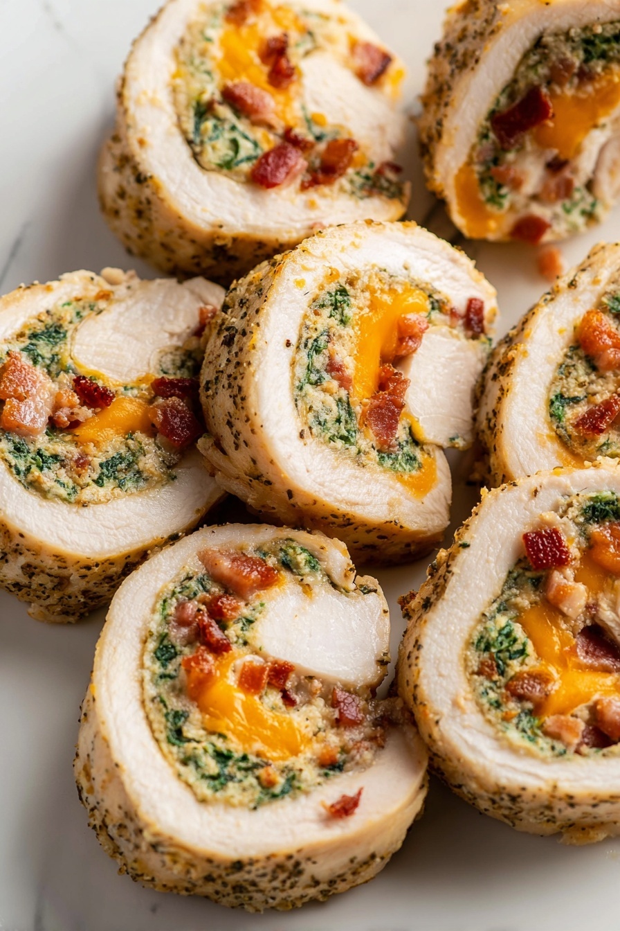 The image shows several small rolls of white meat, each cut to reveal three colorful layers inside. The outer layer is light beige with a speckled texture from seasoning. Inside, there is a bright orange layer of melted cheese, a green layer of herbs or leafy vegetables, and bits of red from diced pieces that look like bacon or ham, all rolled tightly together. The rolls are placed closely on a white marbled surface. The photo taken with an iphone --ar 2:3 --v 7
