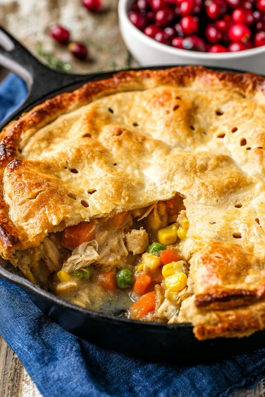 A golden brown pie with a thick, flaky crust fills a black cast iron pan resting on a blue cloth; the crust has small vent holes and slight browning spots. One large slice is missing, revealing a thick filling beneath made of chunks of light beige chicken, bright orange carrots, yellow corn kernels, and small bits of green peas mixed in a creamy sauce. In the blurred background, a white bowl full of red cranberries sits on a rustic wooden surface, which is replaced by a white marbled texture in the final image. photo taken with an iphone --ar 2:3 --v 7