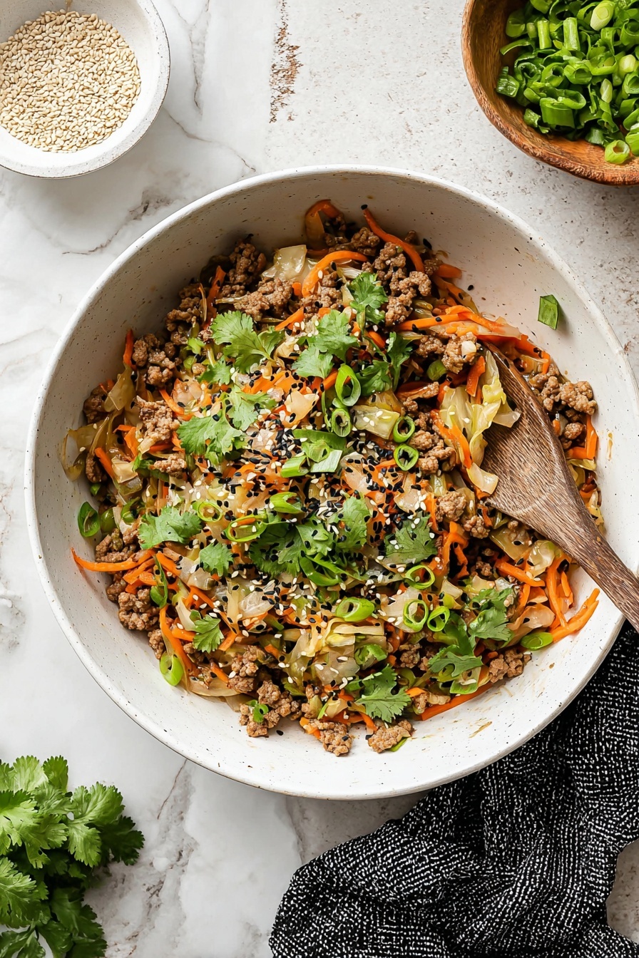 A white bowl holds a colorful mixed dish with three main layers: the bottom layer is light brown cooked ground meat mixed with thin orange carrot strips and pale cooked cabbage pieces. On top, bright green sliced spring onions and fresh cilantro leaves are scattered evenly. White and black sesame seeds are sprinkled over everything, adding texture. A wooden spoon rests inside the bowl, with some of the mixed food on it. The bowl sits on a white marbled surface with a small white bowl of sesame seeds and a brown bowl filled with extra cilantro nearby. A black and white textured cloth is placed to the right. Photo taken with an iphone --ar 2:3 --v 7