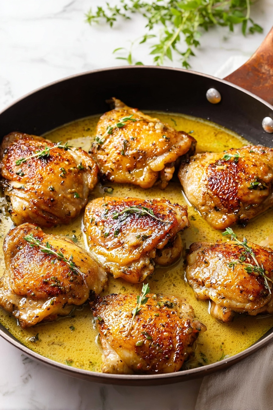 The image shows a pan filled with eight pieces of cooked chicken thighs in a golden-brown color, sitting in a shiny light yellow sauce. The chicken skin is crispy and has a textured, grilled look with small bits of herbs. The pieces are arranged evenly, covering the whole bottom of the dark pan with a brown handle. Small green herb sprigs float on top of the sauce, adding a fresh touch. The pan is placed on a white marbled surface with blurred green herbs in the background. Photo taken with an iphone --ar 2:3 --v 7