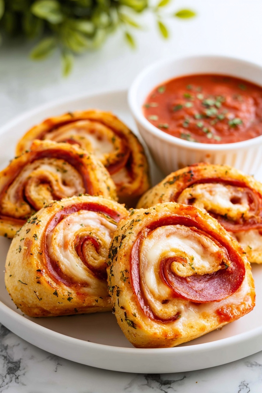 A white plate holds five pieces of pizza rolls arranged in a circular pattern. Each roll has three distinct layers: a golden brown, slightly seasoned dough outer layer speckled with green herbs; inside, a bright red layer of pepperoni; and a melted white cheese layer that swirls through the center. Behind the rolls, there is a small white bowl filled with smooth, deep red tomato dipping sauce garnished with tiny green herbs. The background is a white marbled surface with a blurred green plant in the top left corner. photo taken with an iphone --ar 2:3 --v 7