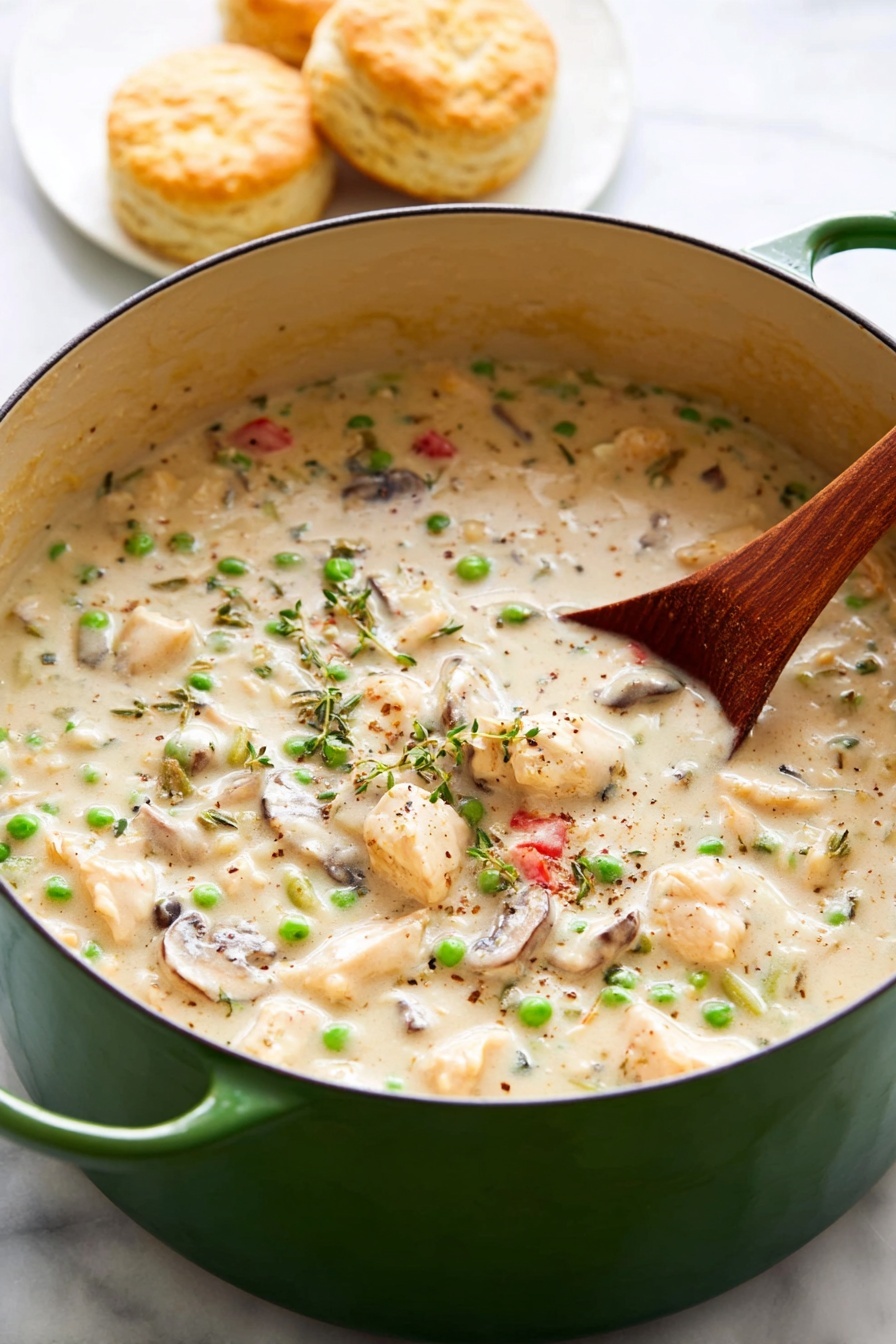 A large green pot filled with thick creamy stew that has visible chunks of white meat and slices of mushroom, bright green peas, small pieces of red pepper, and herbs mixed throughout. A wooden spoon is stirring the stew from the right side, soaking up some of the sauce which is smooth and pale beige with specks of seasoning. In the background, there are three golden brown biscuits with a soft texture placed on the white marbled surface. The overall setting is bright and clean. photo taken with an iphone --ar 2:3 --v 7