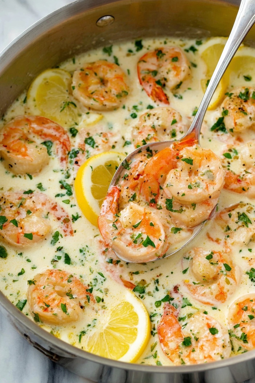 A close-up view of a stainless steel pan filled with about three layers of shrimp in a creamy white sauce. The shrimp are orange with pink tails and are spread evenly in the sauce. There are scattered chopped green herbs on top and inside the sauce, with thin lemon slices placed between the shrimp. A silver spoon is scooping up several shrimp from the pan, showing the shrimp's smooth texture and the creamy sauce coating them. The background surface is white marble. Photo taken with an iphone --ar 2:3 --v 7