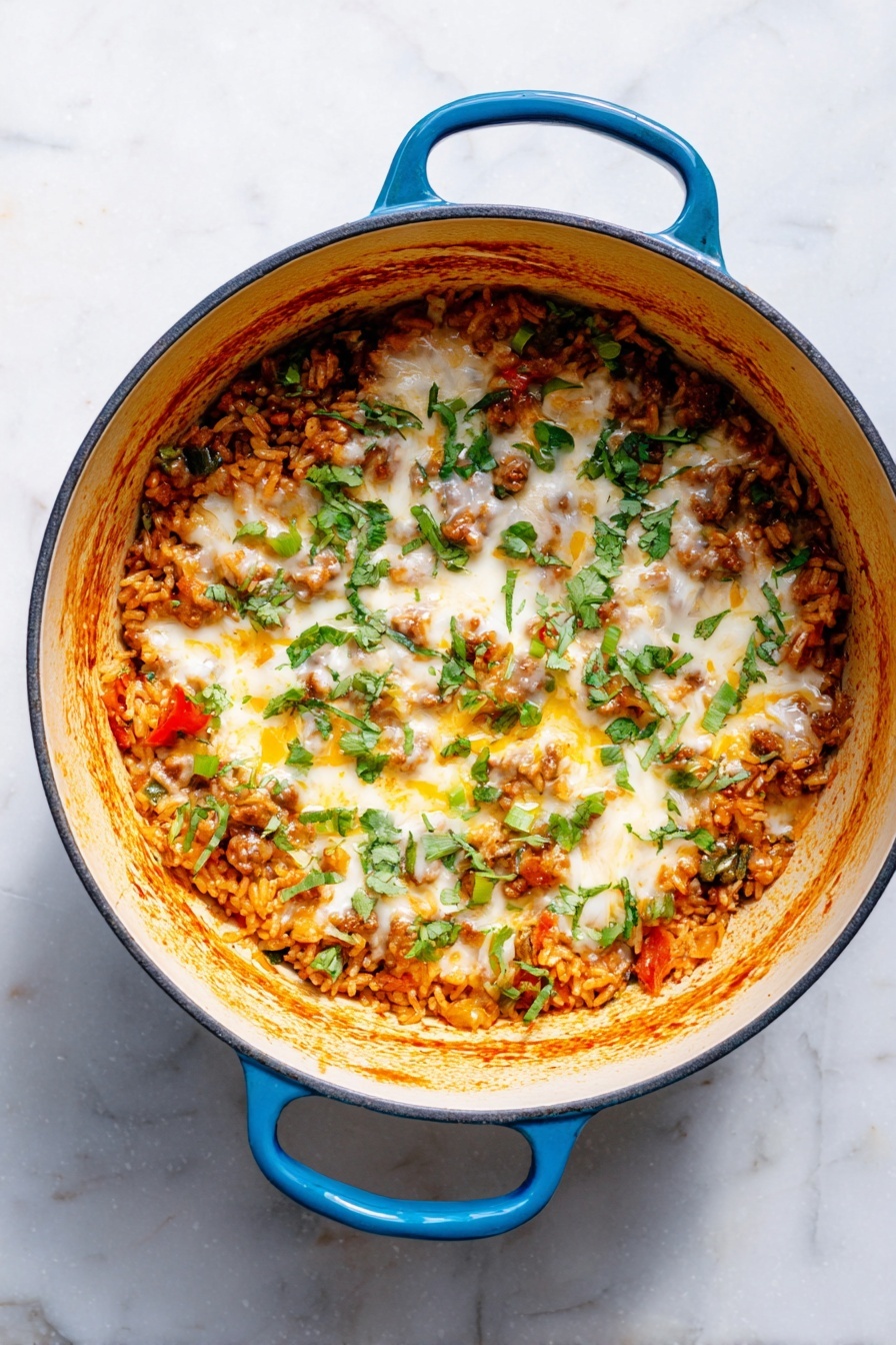 A round blue pot holds a mixed rice dish with three visible layers; the bottom layer is cooked rice with a reddish tint mixed with small chunks of cooked meat and bits of green and red vegetables, the middle layer shows melted white and golden yellow cheese that spreads unevenly across the surface, and the top layer is garnished with small bright green herb leaves scattered over the melted cheese. The inside walls of the pot are stained with reddish sauce marks. The pot is placed on a white marbled surface. Photo taken with an iphone --ar 2:3 --v 7