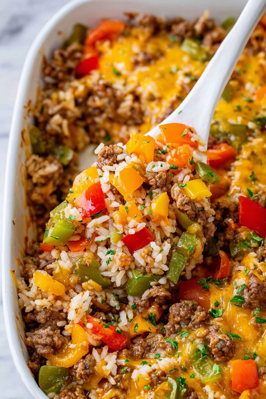 The image shows a close-up of a rice dish in a white dish with cooked ground meat mixed with colorful chopped bell peppers in red, green, yellow, and orange. There are bits of melted yellow cheese spread thinly all over, blending with the brown meat and white rice. A white spoon holds a scoop of the mix, showing a combination of the rice, meat, cheese, and bright vegetables, all sprinkled with small green herbs. The background is a white marbled surface. photo taken with an iphone --ar 2:3 --v 7