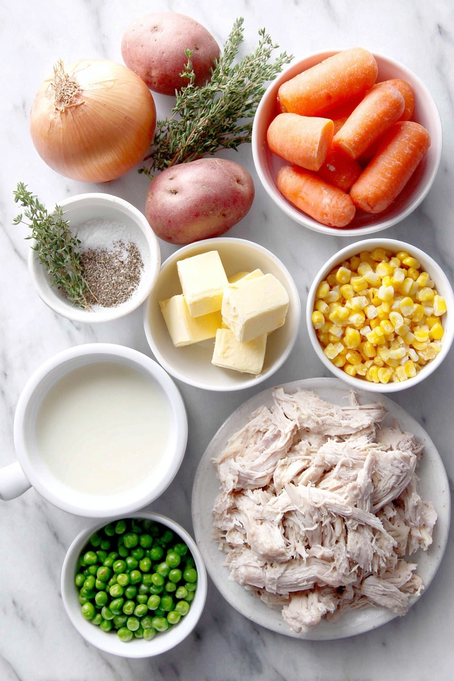 Flat lay of a medium yellow onion quartered, a few peeled and diced bright orange carrots, several fresh celery ribs chopped, two russet potatoes peeled and diced, a small bunch of fresh thyme sprigs, fresh rosemary sprigs, two fresh bay leaves, a few whole eggs with clean shells, a handful of fresh bright green parsley leaves, a small white bowl of golden butter cubes, a small white bowl of all-purpose flour, a small white bowl of creamy white milk, a small white bowl of heavy cream, a small white bowl of fresh green peas, a small white bowl of fresh yellow corn kernels, a plate of shredded cooked chicken breast pieces, and a small white bowl of coarse salt and ground black pepper, all arranged symmetrically and balanced, placed on a clean white marble surface, soft natural light, photo taken with an iPhone, professional food photography style, fresh ingredients, white ceramic bowls, no bottles, no duplicates, no utensils, no packaging --ar 2:3 --v 7 --p m7354615311229779997