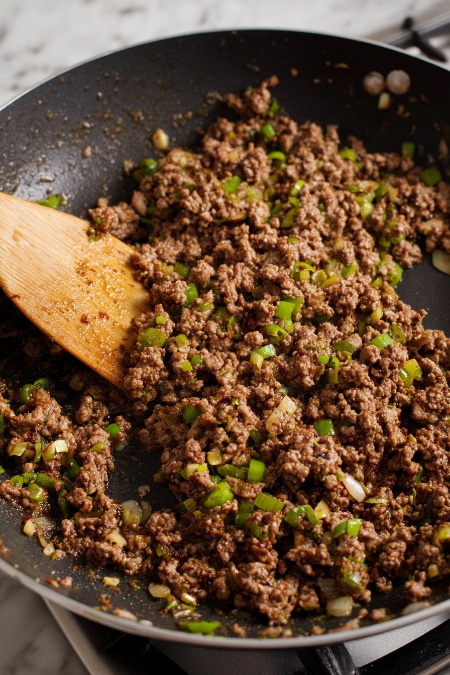 The image shows a close-up view of a black frying pan filled with cooked ground meat mixed with small pieces of green onions and garlic. The meat is brown and crumbly with some shiny, oily spots, and there is a wooden spatula stirring the ingredients in the pan. The pan is placed on a stove burner, and the background has a white marbled texture. The whole image has a warm, slightly glossy look. photo taken with an iphone --ar 2:3 --v 7