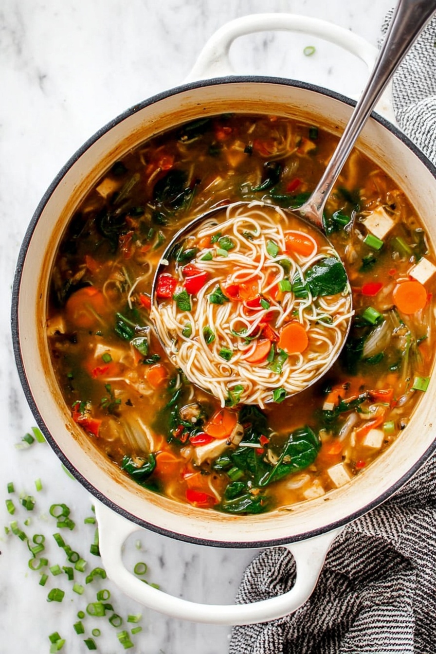 A large white pot filled with a colorful vegetable soup is shown from above on a white marbled surface. The soup has a brownish broth with several visible layers: at the bottom, thin white noodles, followed by bright orange carrot slices, green spinach leaves, diced light beige tofu, and small red bell pepper pieces scattered throughout. A silver ladle lifts some noodles, carrots, and green herbs from the pot, showing the mix of colors and textures. Small chopped green onions are sprinkled around the pot, and there is a folded gray and white striped cloth in the bottom right corner. Photo taken with an iphone --ar 2:3 --v 7