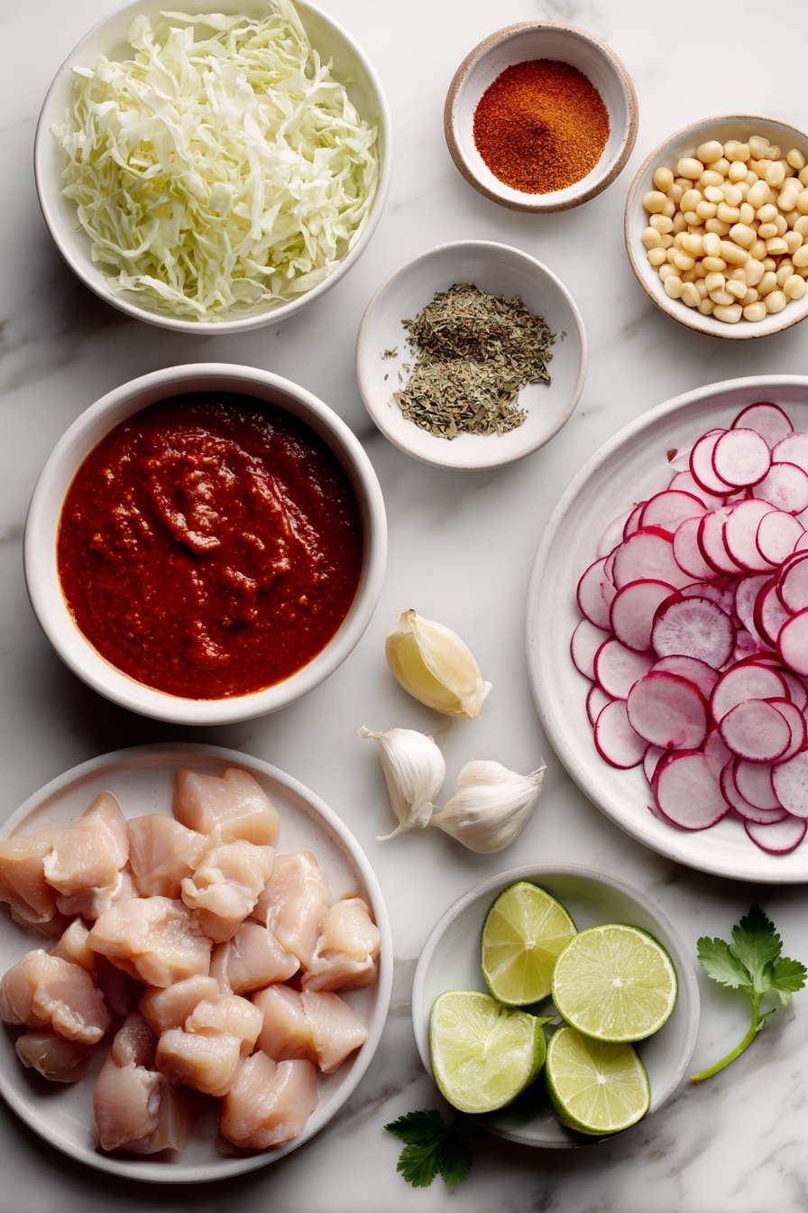 Flat lay of boneless skinless chicken breasts cut into large chunks, a small white ceramic bowl of rich red enchilada sauce, a few cloves of fresh garlic, half a small yellow onion finely diced on a white ceramic plate, a small white ceramic bowl of white hominy kernels, a small white ceramic bowl of dried Mexican oregano, a few bright green cilantro sprigs, thinly shredded pale green cabbage arranged neatly on a white ceramic plate, a few vibrant red radishes sliced thinly on a white ceramic dish, several lime wedges with bright green rind on a white ceramic plate, and small white ceramic bowls containing chili powder, ground cumin, and kosher salt, all ingredients fresh and natural, placed on a clean white marble surface, soft natural light, photo taken with an iPhone, professional food photography style, fresh ingredients, white ceramic bowls, no bottles, no duplicates, no utensils, no packaging --ar 2:3 --v 7 --p m7354615311229779997
