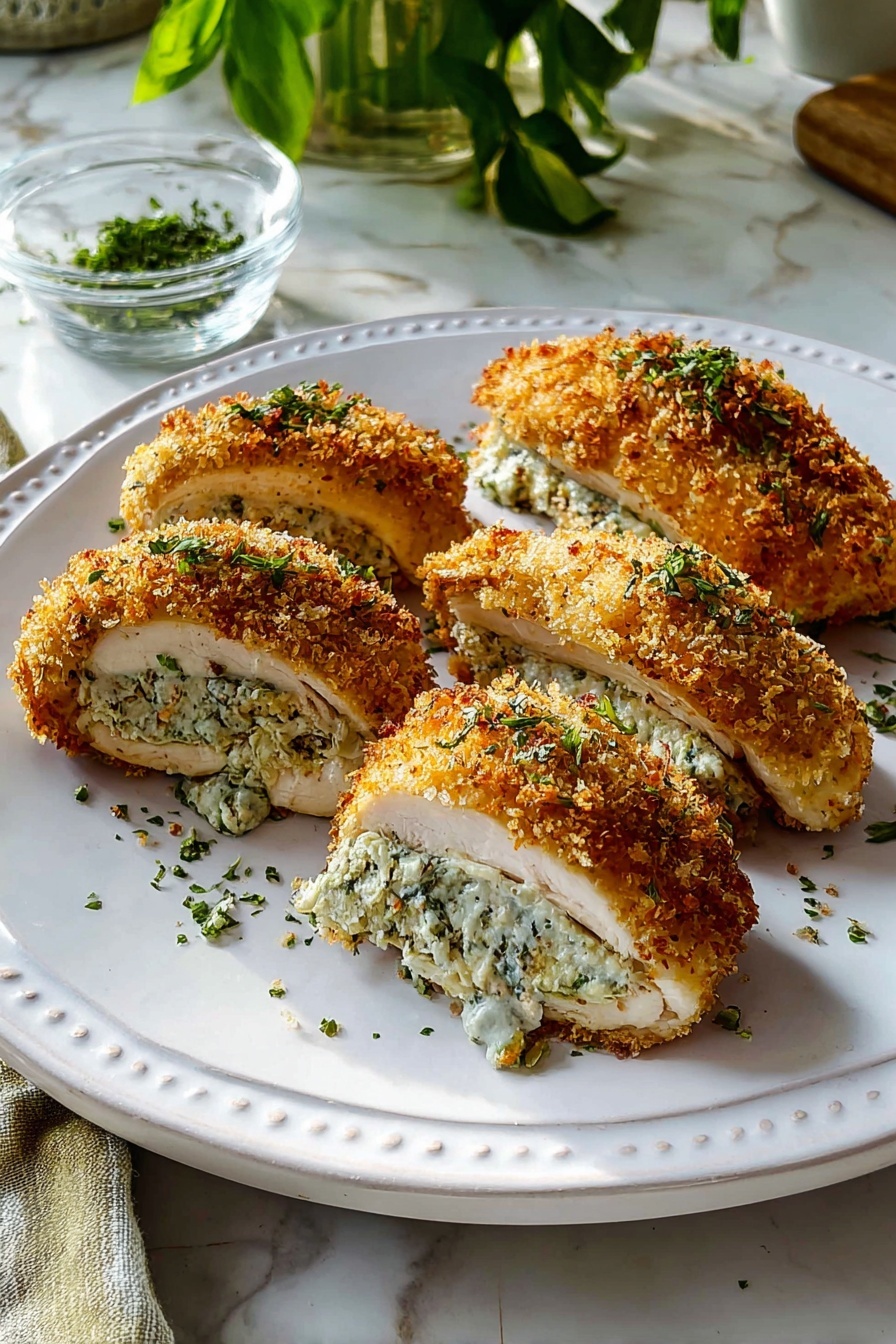 The image shows four golden brown, crispy stuffed chicken fillets arranged in a row on a white plate with subtle decorative edges. Each fillet is sliced open in the middle to reveal a creamy, white filling with finely chopped green herbs mixed throughout, giving a textured, rich contrast inside. The tops of the fillets have a crunchy, breaded surface with a warm toasted hue, and small green herb sprinkles are scattered on and around the chicken for garnish. The plate sits on a white marbled surface with a small glass bowl of extra herbs in the background and a leafy plant nearby. The lighting is bright and natural, highlighting the crispiness and freshness of the dish photo taken with an iphone --ar 2:3 --v 7
