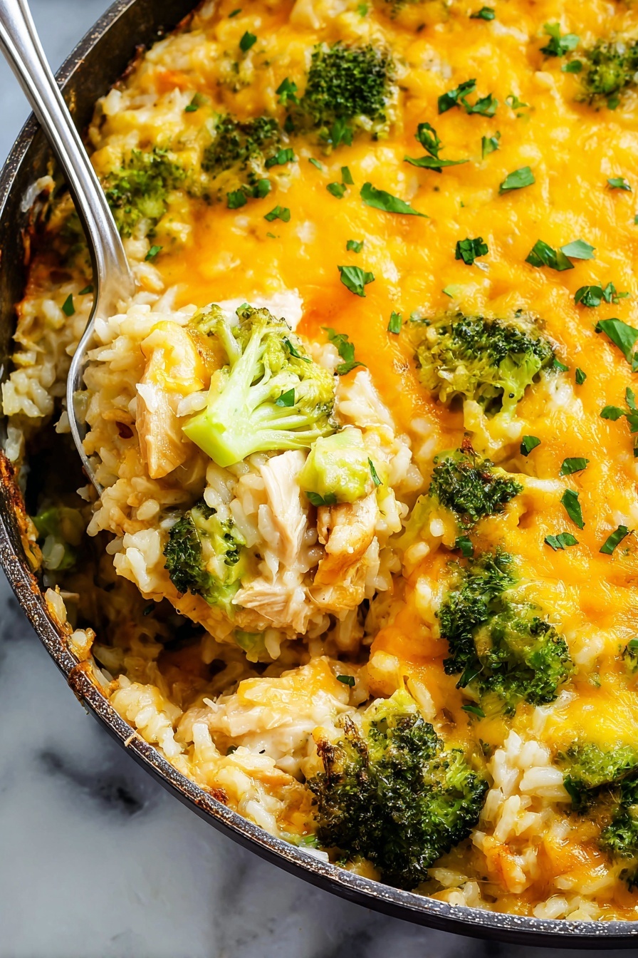 A close-up view of a cheesy baked casserole in a dark pan sitting on a white marbled surface. The dish has a bottom layer of cooked rice mixed with small pieces of chicken, followed by bright green broccoli florets scattered evenly throughout. On top, there is a rich layer of melted golden-yellow cheese with slightly browned spots, creating a creamy texture. Fresh chopped green herbs are sprinkled over the cheese layer for color contrast. A silver spoon scoops a serving, showing the layers together with the cheese stretching slightly. Photo taken with an iphone --ar 2:3 --v 7