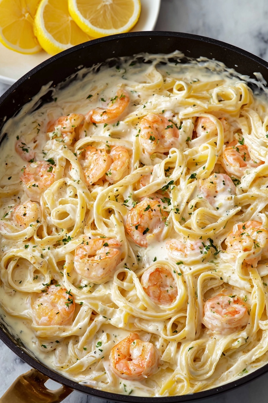 A close-up view of a black skillet filled with creamy white sauce coating long, flat pasta noodles mixed with orange shrimp scattered evenly throughout. The sauce looks smooth and rich, with small green herb flakes sprinkled on top. In the upper left corner, there are three lemon wedges resting on a white marbled surface. Photo taken with an iphone --ar 2:3 --v 7