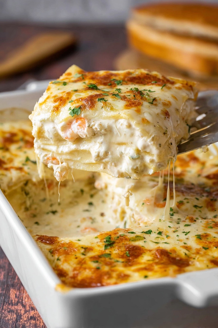 The image shows a white square baking dish filled with a creamy, cheesy baked pasta. The top layer is golden-brown melted cheese with small bits of green herbs sprinkled on top. A woman's hand is lifting a serving of the pasta, revealing multiple soft, creamy layers underneath with smooth white sauce mixed with pasta strands. The background features a blurred loaf of bread and the surface is a white marbled texture. photo taken with an iphone --ar 2:3 --v 7
