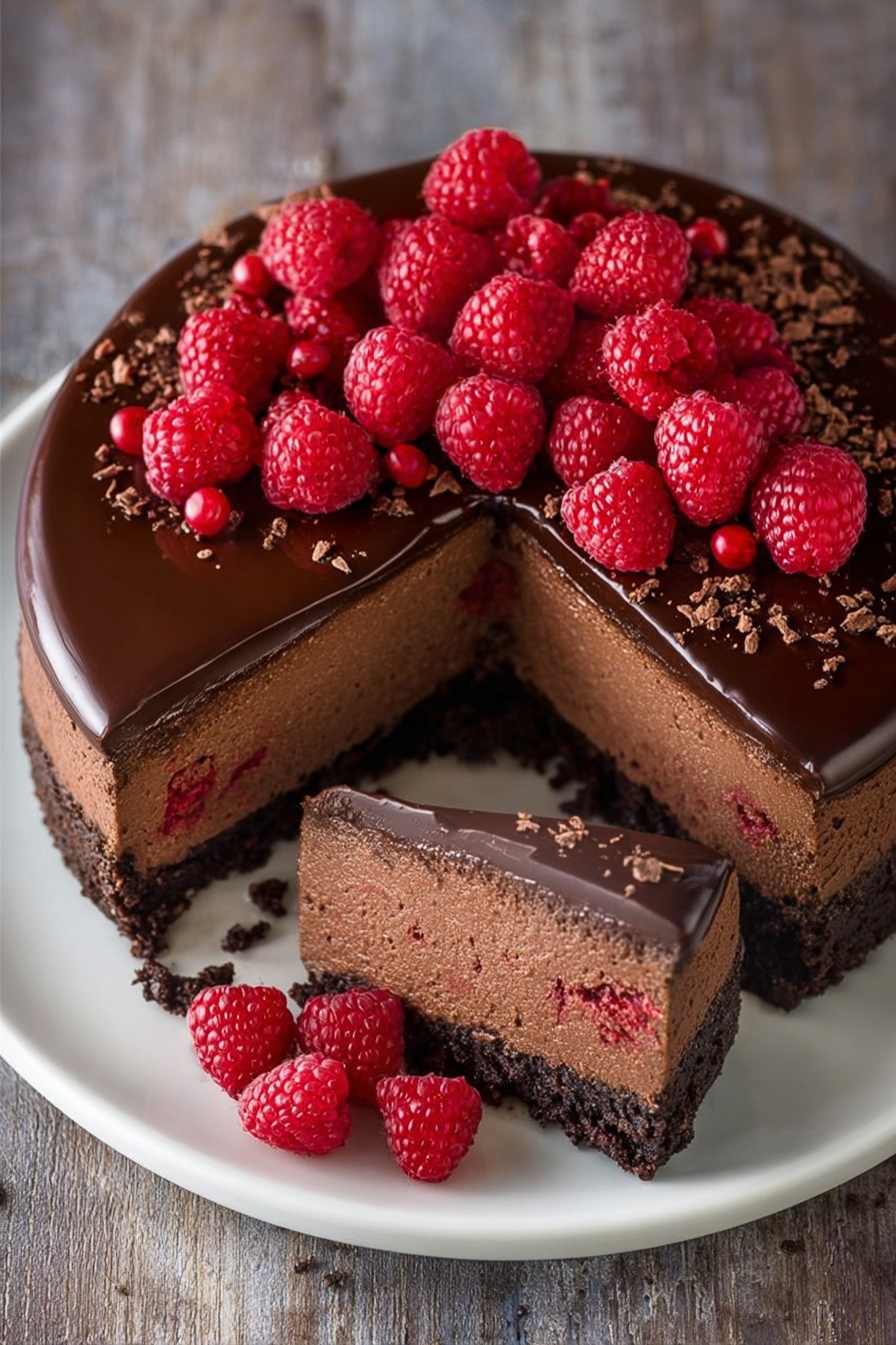 A chocolate cake is shown with one slice removed and lying flat, revealing three layers: a dark chocolate crust at the bottom, a thick middle layer of smooth chocolate mousse with raspberries inside, and a glossy dark chocolate glaze on top. Fresh bright red raspberries are scattered over the glaze and around the white plate, creating contrast. The plate sits on a white marbled surface, and the cake is dusted lightly with cocoa powder. Photo taken with an iphone --ar 2:3 --v 7