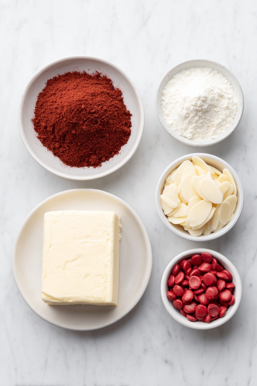 Flat lay of a small mound of rich red velvet cake mix powder in a simple white ceramic bowl, a block of creamy white cream cheese with a smooth surface on a white plate, a handful of glossy white almond bark pieces on a white ceramic dish, and a small white bowl filled with vibrant red candy melts, all arranged with perfect symmetry and balanced proportions, placed on a clean white marble surface, soft natural light, photo taken with an iPhone, professional food photography style, fresh ingredients, white ceramic bowls, no bottles, no duplicates, no utensils, no packaging --ar 2:3 --v 7 --p m7354615311229779997