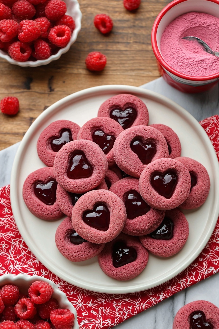 A large white bowl filled with a thick, crumbly red mixture being mixed by two metal beaters from a hand mixer positioned on the right side of the bowl, with some of the red mixture stuck to the sides of the bowl. Around the bowl, there is a small white dish with fresh whole raspberries at the bottom left corner, a small white bowl with bright red powder at the top right, and a small glass jar of raspberry jam with a spoon inside it at the top left. The setup is on a wooden surface with a few loose raspberries scattered around. photo taken with an iphone --ar 2:3 --v 7