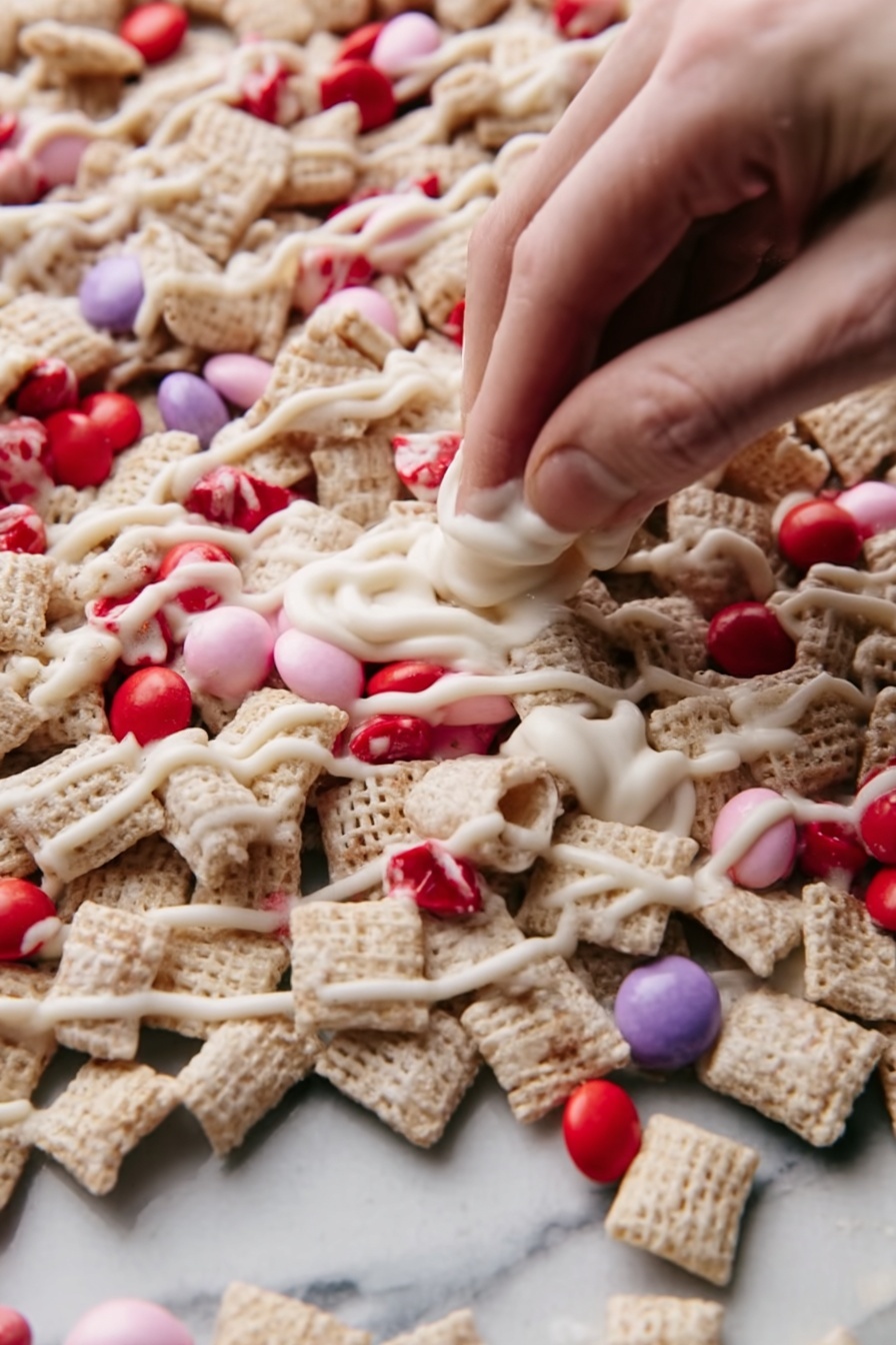 A close-up view of a textured snack mix spread out on a white marbled surface, featuring a mix of small pale cereal squares and large candy pieces in shades of bright pink and red. Over the snack, a creamy light beige sauce is drizzled unevenly, creating thin, stringy lines across the mix. A woman's hand holding a piping bag with the same beige sauce is visible in the top right corner, adding more drizzle. The overall look is busy and colorful, with a mix of crunchy and smooth textures. Photo taken with an iphone --ar 2:3 --v 7