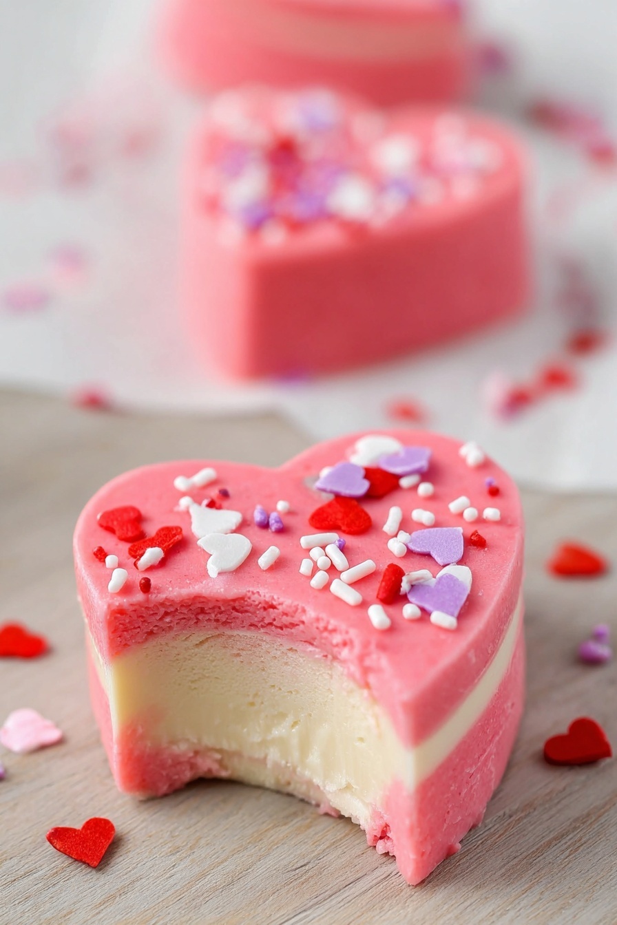 The image shows a heart-shaped treat with three visible layers placed on a white marbled surface. The top and bottom layers are bright pink with a smooth, slightly textured look, while the middle layer is creamy white. The top pink layer is decorated with small heart-shaped sprinkles in white, red, and various shades of pink. There is a bite taken out of the front of the treat, showing the inside layers clearly. In the background, two more layered heart-shaped treats are slightly out of focus. Some heart-shaped sprinkles are scattered around on the surface. photo taken with an iphone --ar 2:3 --v 7