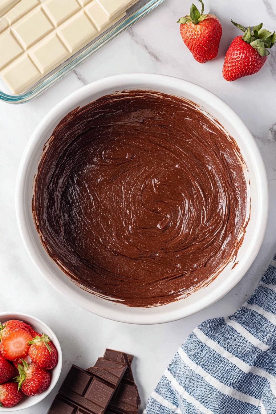 A square dessert with three clear layers sits on a white plate stacked on two more white plates on a white marbled surface. The bottom layer is a thick, dark brown chocolate brownie with a rough, soft texture. On top of it is a bright red strawberry layer, sliced so the strawberries are shown inside the dessert with their juicy texture. The top layer is smooth and shiny dark chocolate frosting covering the strawberries. A half strawberry with a green top is placed on the center of the chocolate layer, and two whole strawberries with green tops rest beside the square dessert on the plate. In the blurred background, a white bowl filled with whole strawberries and another whole strawberry lays next to it. Photo taken with an iphone --ar 2:3 --v 7