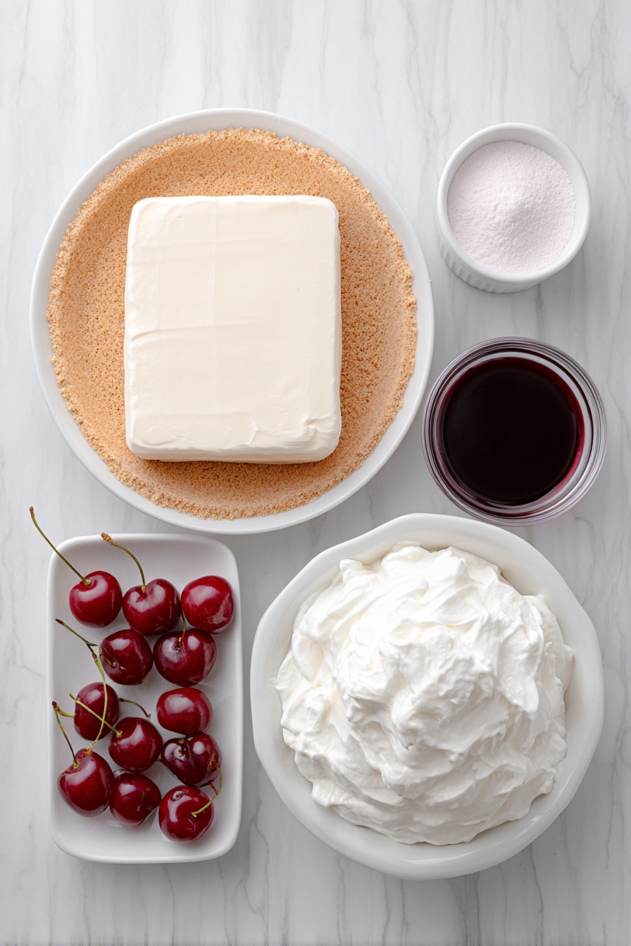 Flat lay of a whole pre-made graham cracker crust on a simple white ceramic plate, a block of smooth softened cream cheese on a white ceramic dish, a small white bowl filled with glossy sweetened condensed milk, a small white bowl with deep red unsweetened black cherry Kool-Aid powder, a bowl of fluffy thawed cool whip, and eight fresh maraschino cherries with stems arranged neatly in a line, all placed on a clean white marble surface, soft natural light, photo taken with an iPhone, professional food photography style, fresh ingredients, white ceramic bowls, no bottles, no duplicates, no utensils, no packaging --ar 2:3 --v 7 --p m7354615311229779997