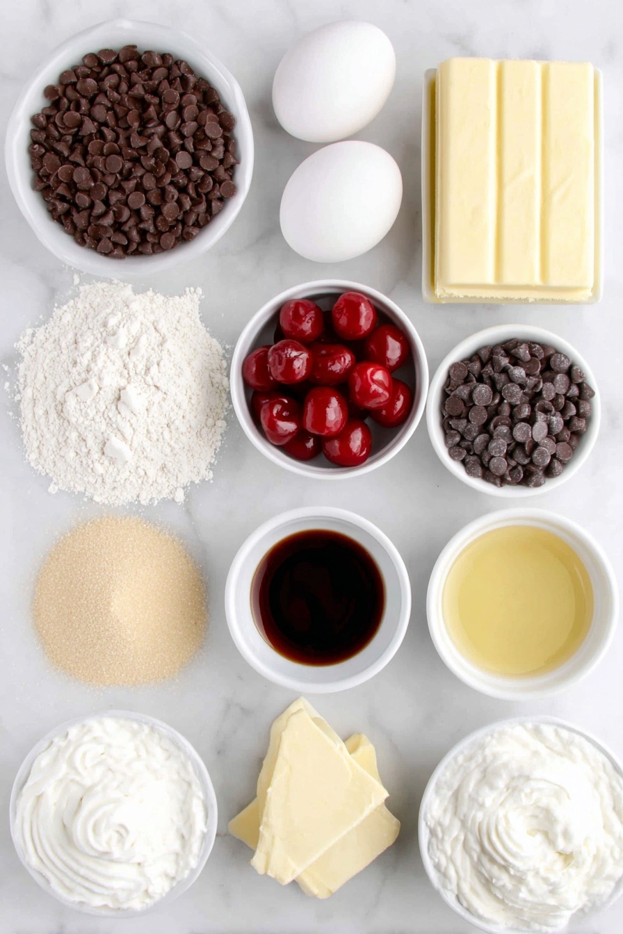 Flat lay of a small mound of all-purpose flour, a neat pile of unsweetened cocoa powder, a teaspoon of baking soda, a small pile of fine salt, a pinch of baking powder, a chunk of unsalted butter softened to room temperature, a heap of light brown sugar, a heap of granulated sugar, two large whole eggs with clean shells, a small white ceramic bowl filled with bright red maraschino cherries without stems, a small white ceramic bowl with deep red maraschino cherry juice, a small white ceramic bowl containing golden vanilla extract, a small white ceramic bowl holding semi-sweet chocolate chips, a small white ceramic bowl filled with heavy whipping cream, a small white ceramic bowl with a tablespoon of coconut oil, all ingredients arranged in perfect symmetry, placed on a clean white marble surface, soft natural light, photo taken with an iPhone, professional food photography style, fresh ingredients, white ceramic bowls, no bottles, no duplicates, no utensils, no packaging --ar 2:3 --v 7 --p m7354615311229779997