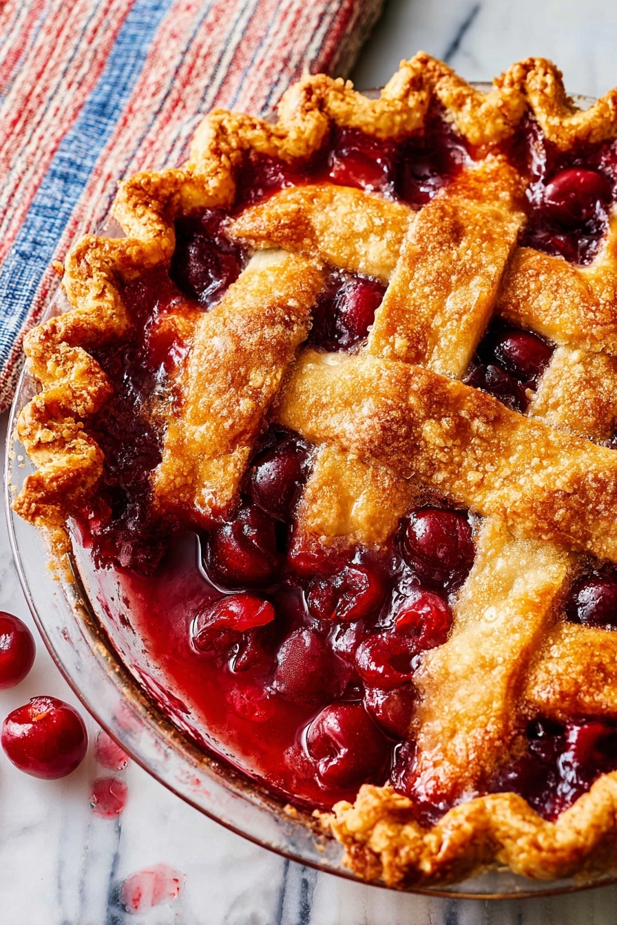 The image shows a pie with a golden-brown crust in a clear glass pie dish. The pie has a lattice top crust, with thick, golden strips crisscrossing over a deep red cherry filling. The filling is juicy and glossy, with whole cherries visible under the crust and some spilled over to the side in the dish. The edges of the crust are wavy and thicker, showing a crispy and crumbly texture. The pie dish sits on a white marbled surface with part of a red, blue, and beige striped cloth visible at the top. Photo taken with an iphone --ar 2:3 --v 7