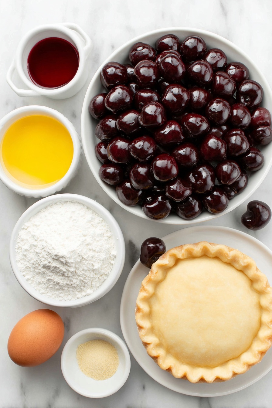 Flat lay of fresh pitted tart cherries in a simple white ceramic bowl, a small white bowl of glossy cherry juice, a small white bowl with smooth cornstarch paste mixed with water, a small white bowl of golden cane sugar, a small white bowl with ground cinnamon powder, a small white bowl with ground ginger powder, a small white bowl with almond extract, a small white bowl with salt, a whole uncracked large brown egg, a round disc of chilled pie dough on a plain white ceramic plate placed on a clean white marble surface, soft natural light, photo taken with an iPhone, professional food photography style, fresh ingredients, white ceramic bowls, no bottles, no duplicates, no utensils, no packaging --ar 2:3 --v 7 --p m7354615311229779997