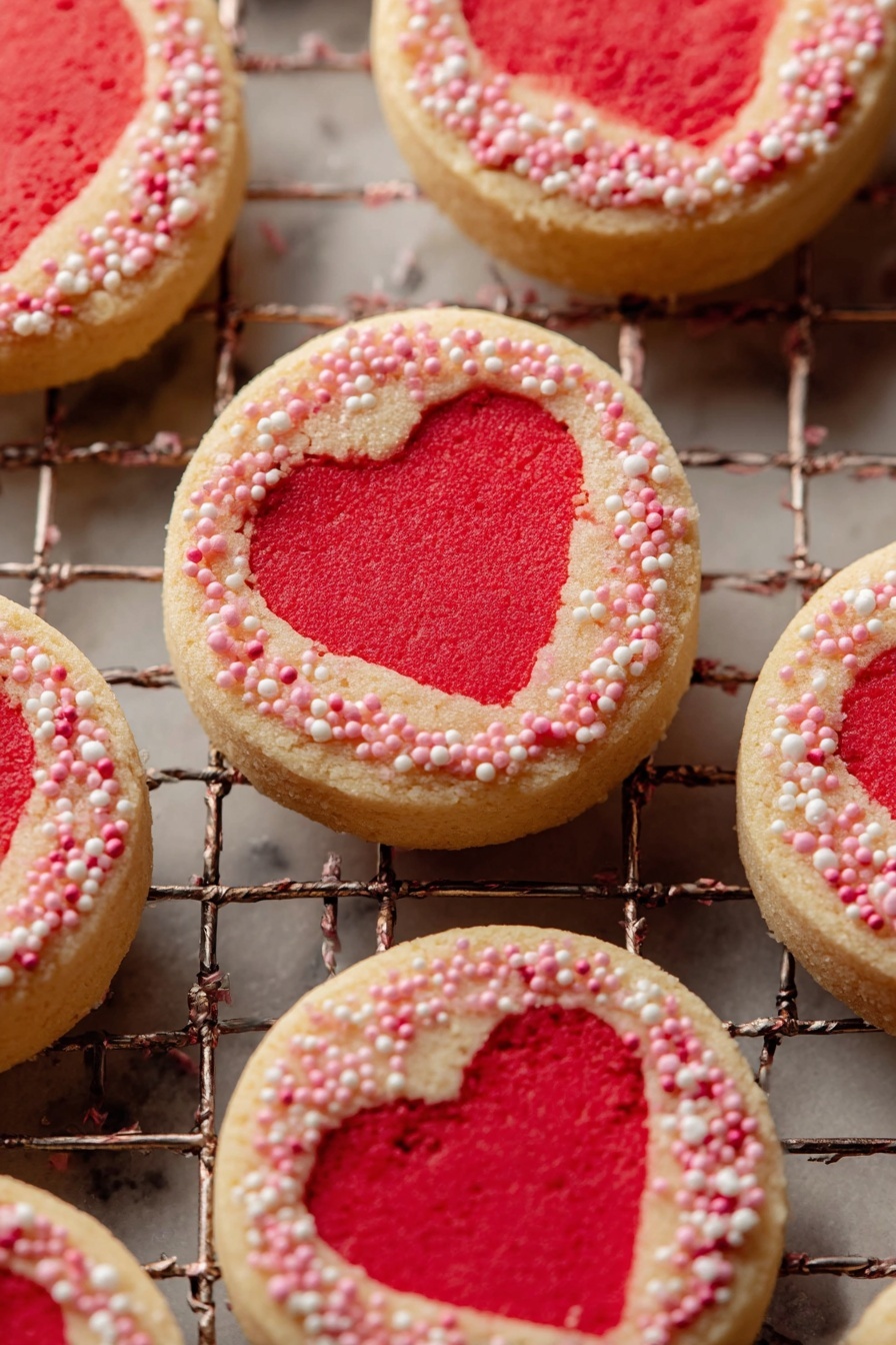 The image shows several round cookies arranged closely on a metal cooling rack over a white marbled surface. Each cookie has two main layers: a light beige outer ring with a rough, soft texture, and a bright red heart shape in the center that is smooth and flat. Around the edges of the beige cookie layer, there are tiny pink and white round sprinkles that add a bumpy texture and decoration. Some white sprinkles are also scattered on the top red heart layer. The cookies are evenly spaced, filling the frame, with a warm light highlighting their colors and textures. Photo taken with an iphone --ar 2:3 --v 7