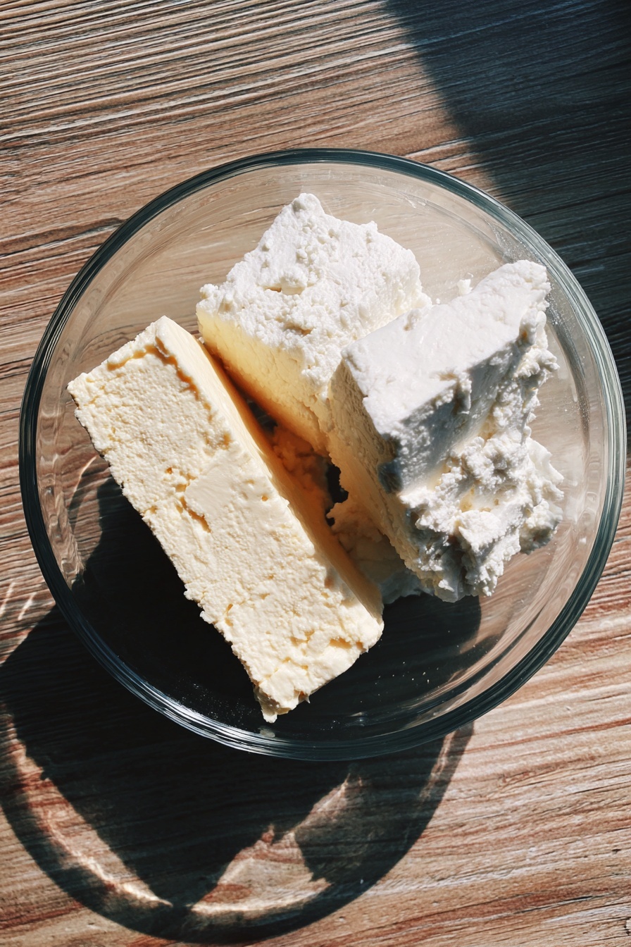 A close-up of three cookies on a baking tray lined with parchment paper on a white marbled surface. Each cookie has three layers: the bottom layer is a cracked light brown cookie with a soft texture, the middle layer is a smooth and fluffy creamy white frosting spread evenly, and the top layer is a bright red strawberry covered in shiny red strawberry jelly, which a spoon is gently placing on one of the cookies. A striped beige and red cloth is partially visible in the foreground. Photo taken with an iphone --ar 2:3 --v 7