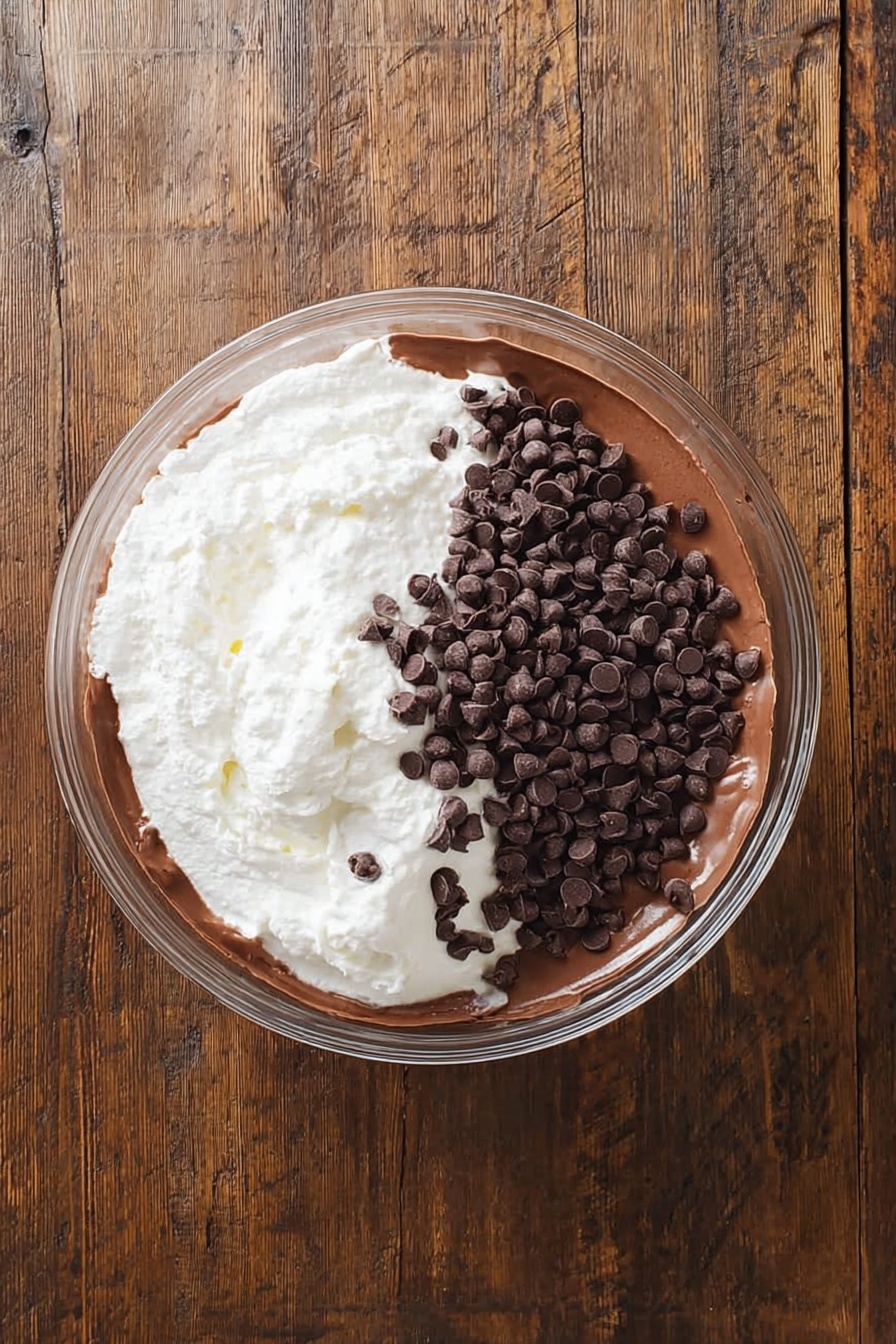 A close-up shows a woman's hand dipping a bright red strawberry with green leaves into a creamy, light brown chocolate mousse topped with small dark chocolate chips. The mousse fills a white plate fully, with visible smooth and swirled texture. Around the plate, fresh red strawberries with green tops rest on a white marbled surface. Photo taken with an iphone --ar 2:3 --v 7