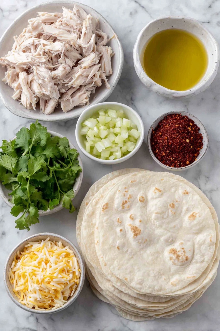 Flat lay of a small white ceramic bowl of golden olive oil, a small white ceramic bowl of finely minced yellow onion, a pile of fresh shredded rotisserie chicken, a small white ceramic bowl filled with diced green chilies, a few sprigs of bright green fresh cilantro, a small white ceramic bowl with reddish-brown taco seasoning powder, a mound of shredded pepper jack cheese with orange and white marbling, and a neat stack of twelve soft six-inch flour tortillas, all arranged with perfect symmetry on a clean white marble surface, soft natural light, photo taken with an iPhone, professional food photography style, fresh ingredients, white ceramic bowls, no bottles, no duplicates, no utensils, no packaging --ar 2:3 --v 7 --p m7354615311229779997