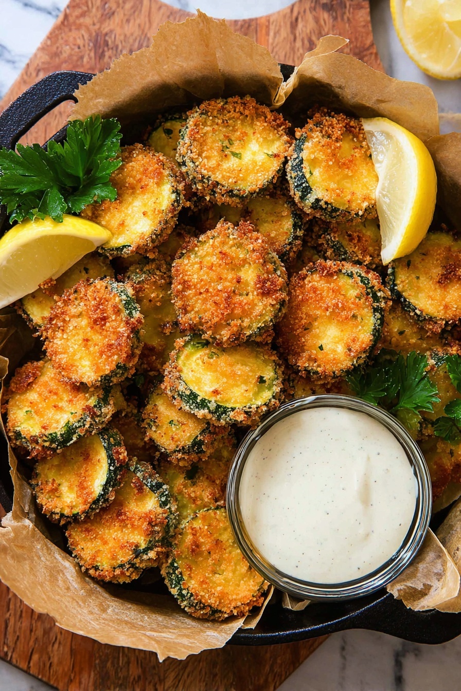 A black cast iron skillet lined with brown parchment paper holds many golden brown, crispy fried zucchini slices, each about one layer thick with a crunchy textured coating and visible green zucchini skin around the edges. To the right side of the skillet, two lemon wedges and fresh green parsley sprigs rest next to a small glass bowl filled with creamy white dipping sauce. The skillet sits on a wooden surface replaced by a white marbled texture. photo taken with an iphone --ar 2:3 --v 7