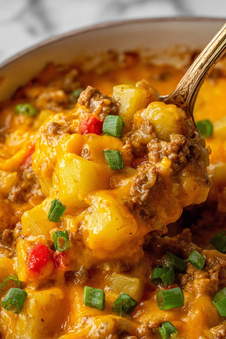 A close-up of a wooden spoon scooping a cheesy dish with melted orange cheese covering soft cooked ground meat and diced light yellow potatoes. Small green chopped pieces of fresh scallions and tiny red tomato bits are scattered on top and mixed throughout the dish, adding contrast. The texture is creamy and thick, with the cheese melting smoothly over the ingredients. The background is a white marbled surface. Photo taken with an iphone --ar 2:3 --v 7