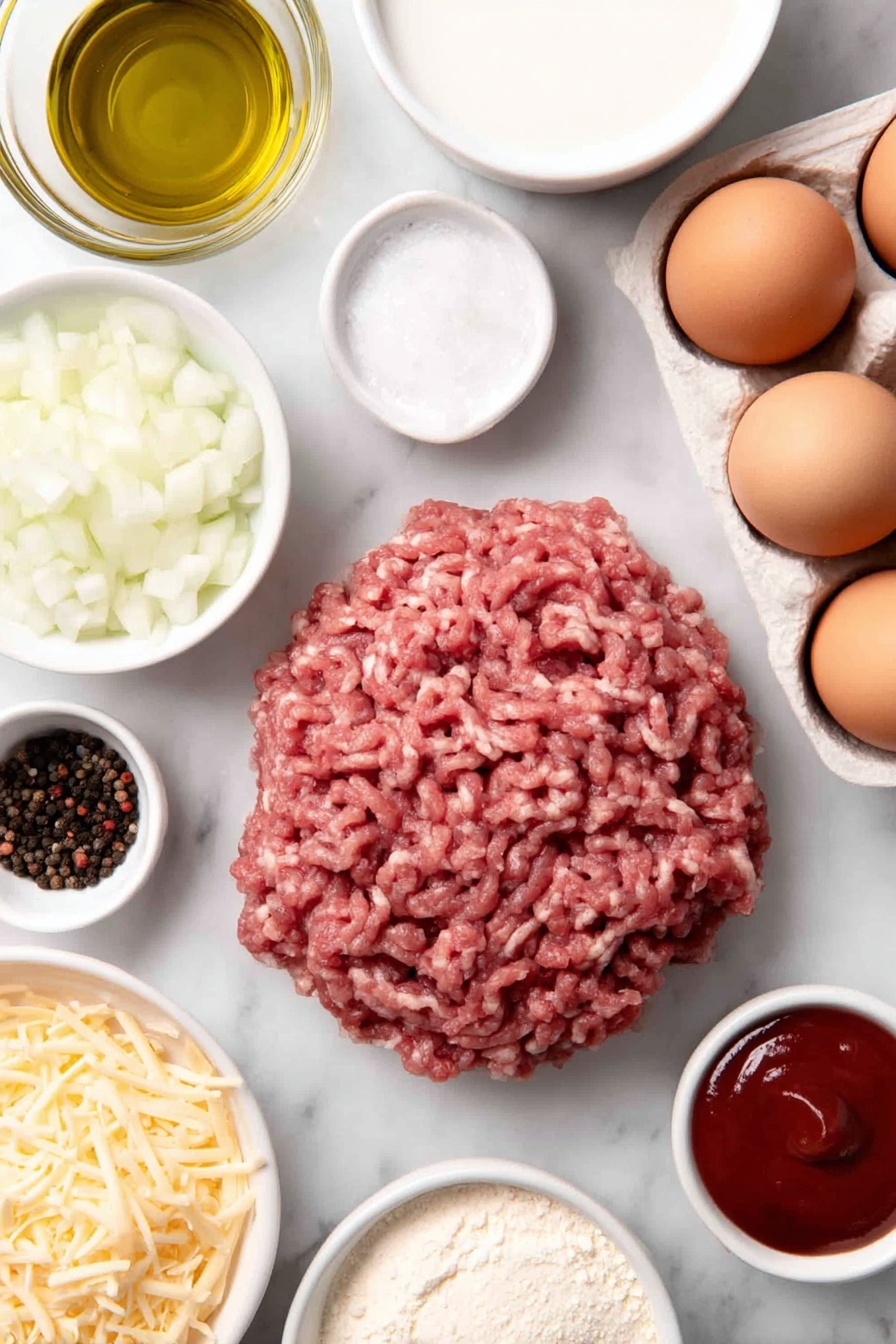 Flat lay of a small white ceramic bowl of golden vegetable oil, a mound of fresh raw ground beef, a medium chopped yellow onion, a small white bowl of fine white salt, a small white bowl containing whole black peppercorns, a small white bowl of pale garlic powder, a small white bowl filled with bright red ketchup, a neat pile of shredded sharp cheddar cheese, a small mound of Bisquick baking mix, a small white bowl of fresh milk, two large whole brown eggs with clean shells, all arranged with perfect symmetry on a clean white marble surface, soft natural light, photo taken with an iPhone, professional food photography style, fresh ingredients, white ceramic bowls, no bottles, no duplicates, no utensils, no packaging --ar 2:3 --v 7 --p m7354615311229779997