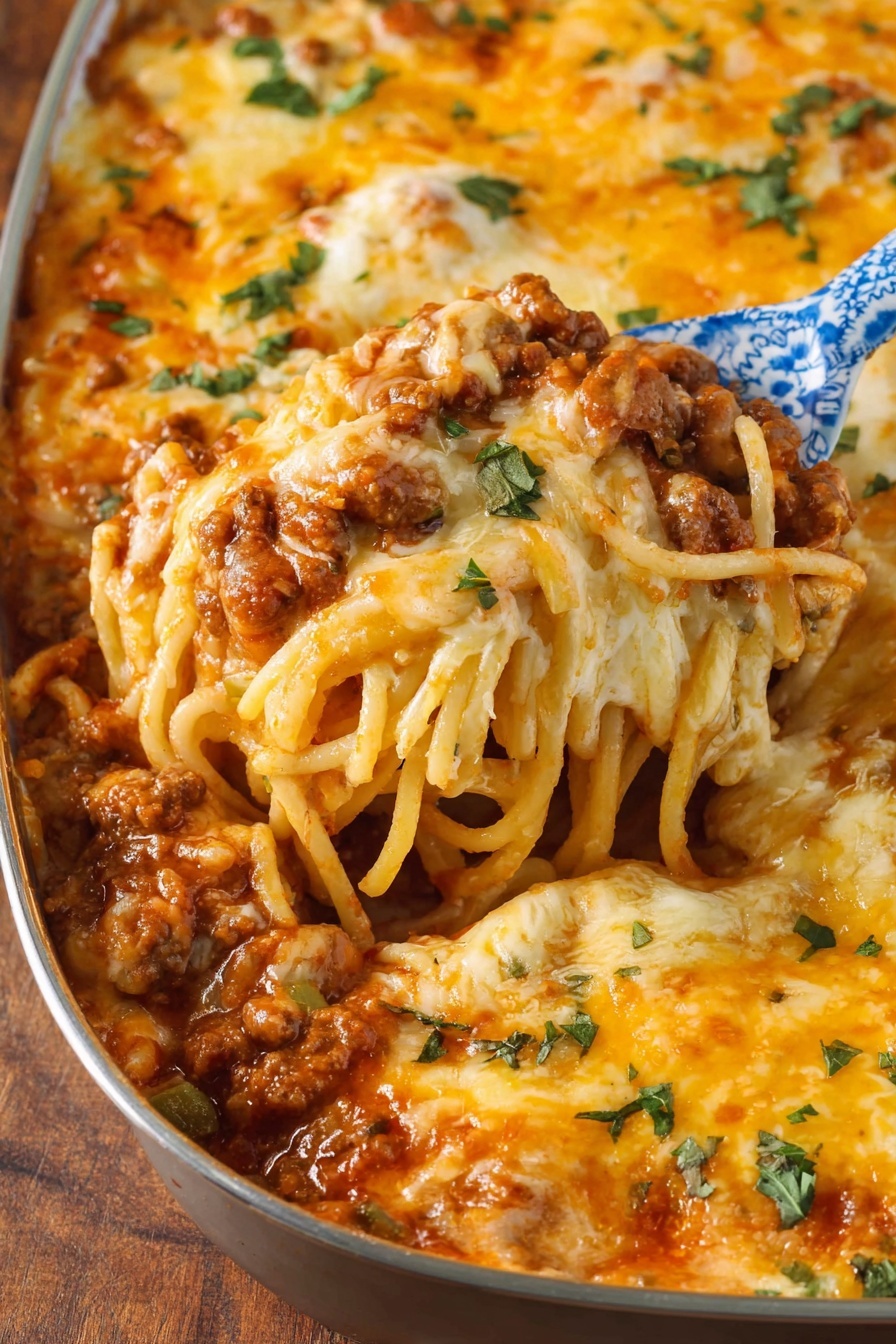 The image shows a close-up of a white baking dish filled with a layered pasta casserole. The bottom layer is made of long spaghetti noodles mixed with a reddish-brown meat sauce, which has a thick, chunky texture. The middle layer is covered with melted pale yellow and orange cheese, slightly browned around the edges. Small green leaves, likely parsley, are sprinkled on top, adding a fresh color contrast. A blue and white patterned spoon scoops out a portion, lifting up the cheesy pasta mixture, showing the layers clearly. The dish sits on a white marbled surface. Photo taken with an iphone --ar 2:3 --v 7