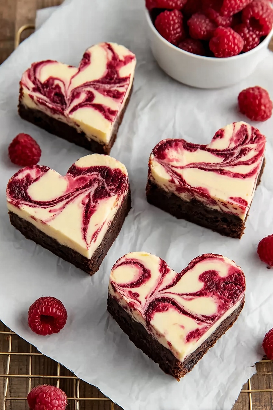 The image shows four heart-shaped brownies placed on white parchment paper over a golden wire rack. Each brownie has two visible layers: a dark brown base layer with a smooth texture, and a creamy light beige top layer swirled with dark red raspberry patterns creating a marbled effect. Fresh raspberries are scattered around the brownies on the white marbled surface, and there is a white bowl filled with raspberries in the top right corner. The photo taken with an iphone --ar 2:3 --v 7