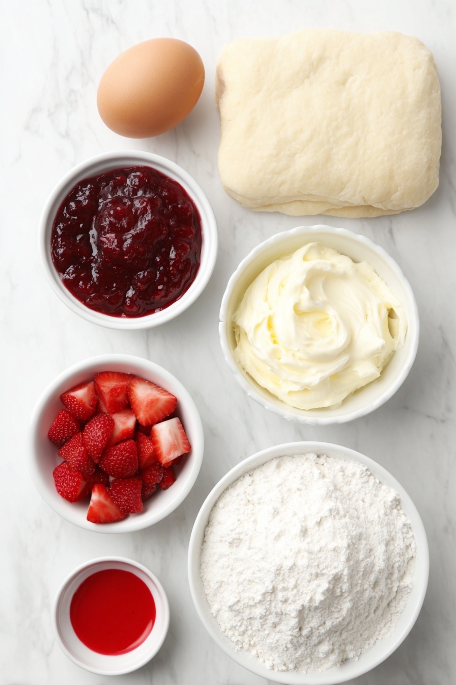 Flat lay of a sheet of fresh puff pastry rolled out flat, a small white ceramic bowl with smooth cream cheese, a small white ceramic bowl containing vibrant red strawberry jam, a small white ceramic bowl with tiny diced fresh strawberries, one large whole uncracked brown egg, a small white ceramic bowl holding a drop of bright red food coloring, and a small white ceramic bowl with powdered sugar, all arranged symmetrically on a clean white marble surface, soft natural light, photo taken with an iPhone, professional food photography style, fresh ingredients, white ceramic bowls, no bottles, no duplicates, no utensils, no packaging --ar 2:3 --v 7 --p m7354615311229779997