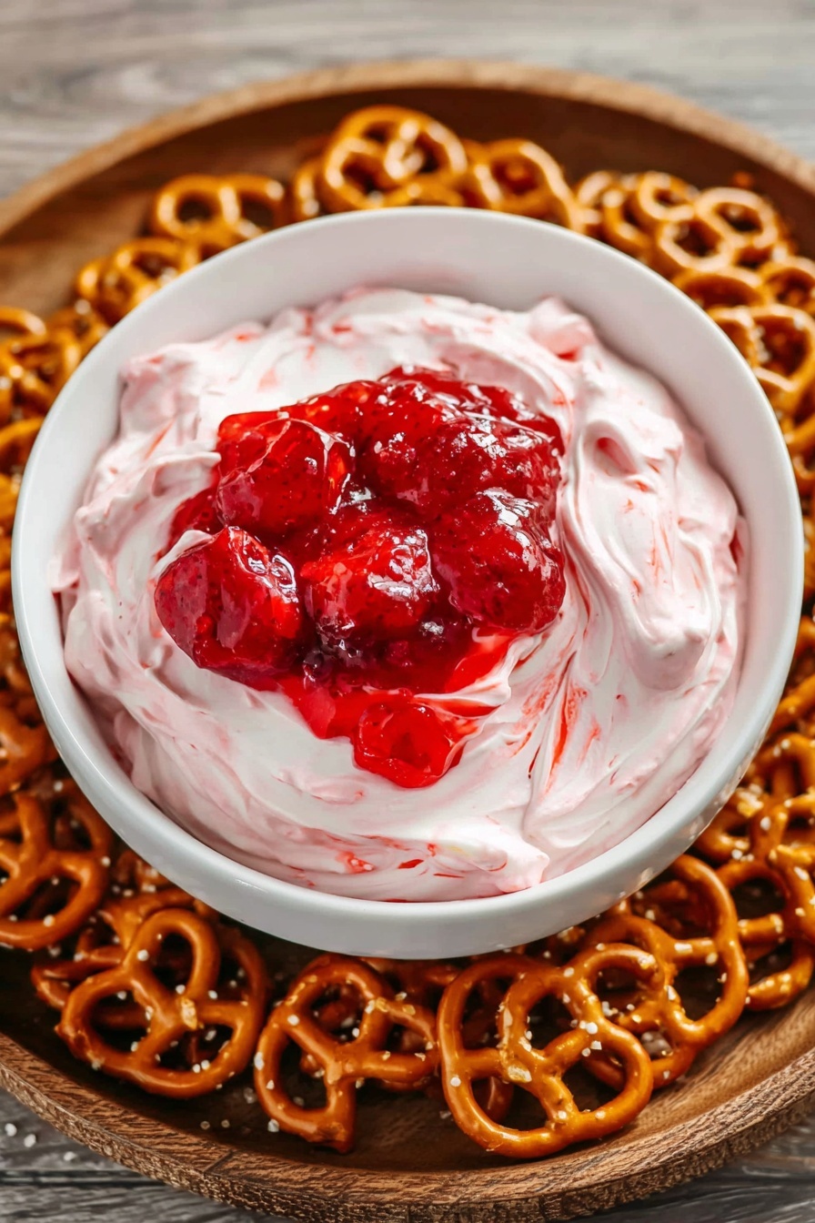 A close-up top view of a white bowl filled with two layers of food placed on a round wooden tray, surrounded by a ring of small golden-brown pretzels. The bottom layer inside the bowl is light pink creamy dip with a soft, fluffy texture, and the top layer is bright red chunky sauce with visible pieces of fruit, giving a glossy look. The tray and bowl are set on a white marbled surface. photo taken with an iphone --ar 2:3 --v 7