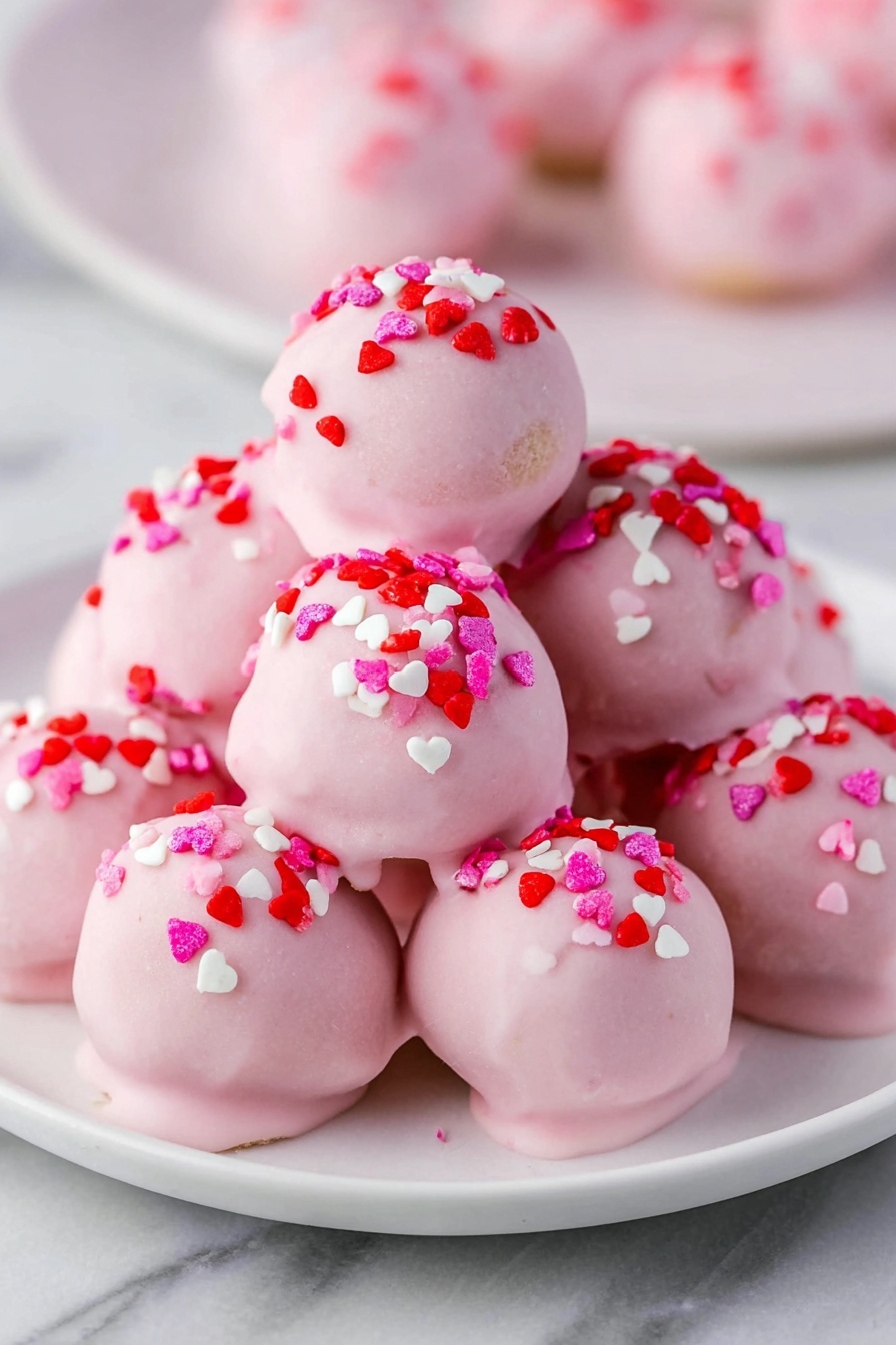A stack of round pink treats covered in smooth pink icing is shown on a white plate. Each treat is sprinkled with small heart-shaped red, white, and pink sprinkles on top. The treats have a slightly shiny texture and a soft look, with icing dripping slightly over the edges. In the background, several more similar treats are placed on a white marbled surface, softly out of focus. photo taken with an iphone --ar 2:3 --v 7