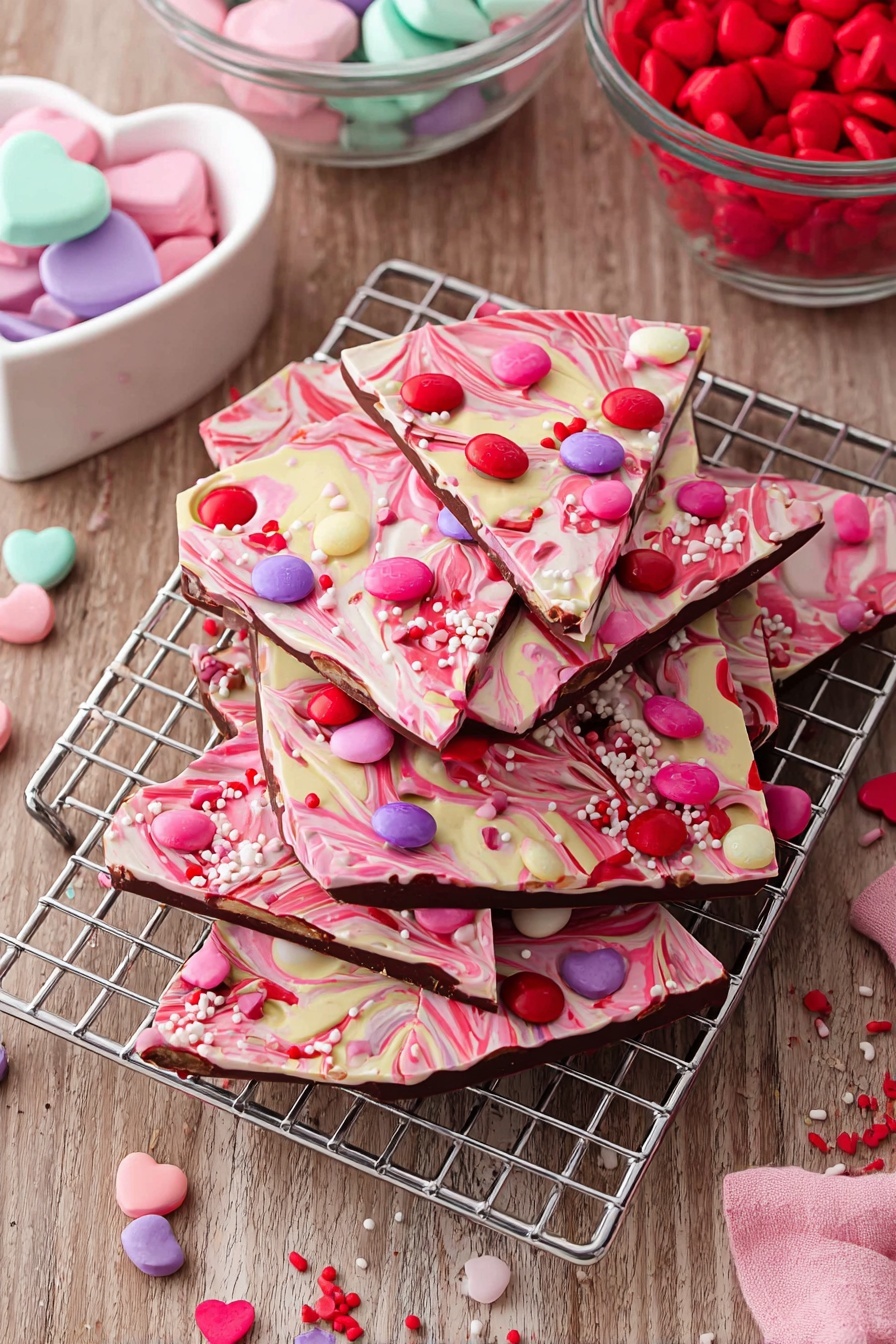 A pile of pink and white swirled chocolate bark broken into irregular triangle pieces is stacked on a wire rack over a white marbled surface. The bark has two layers: a creamy white bottom and a pink swirled top covered with red, pink, white, and purple candy-coated chocolate pieces, candy hearts in pastel colors, and red and pink sprinkles shaped like hearts and rods. To the left, a white heart-shaped bowl filled with pastel conversation heart candies sits on the white marbled surface, with a few candies scattered around. Another clear bowl with red and pink candy-coated chocolates is visible to the right, with some loose candies sprinkled nearby. A red and white striped cloth is partially visible on the lower left side. The overall look is bright, festive, and Valentine-themed. photo taken with an iphone --ar 2:3 --v 7