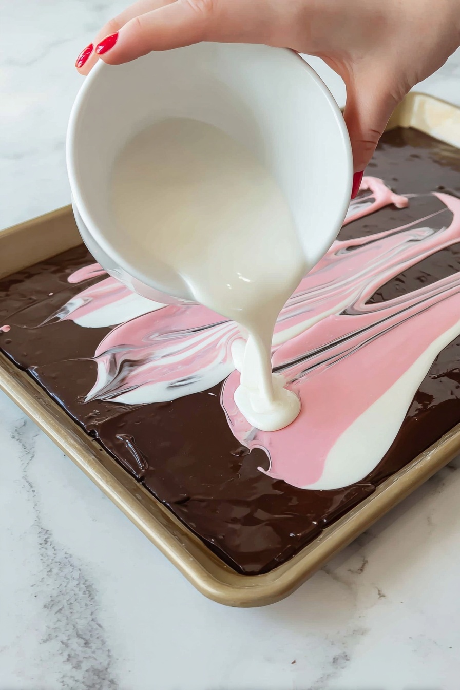 The image shows pieces of pink and white swirled bark candy stacked on a silver cooling rack over a white marbled surface. Each piece has three layers: a dark brown thin base, a thick white layer, and a pink swirled top layer with a smooth texture. The top is decorated with various pink, red, and white candy-coated chocolates and sprinkles, including small heart shapes and round discs. A woman's hand is holding one triangular piece of the bark, highlighting the sweetness and detail of the candy pieces closely. Photo taken with an iphone --ar 2:3 --v 7