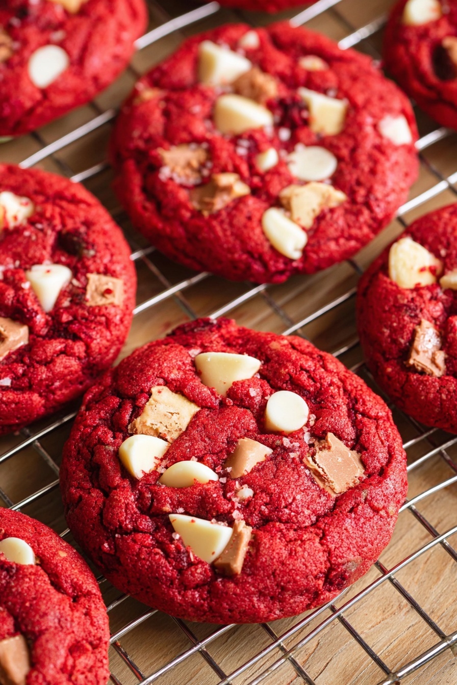 The image shows several bright red cookies with a slightly rough texture, each topped with pieces of white and brown nuts and chocolate. The cookies are thick and round, placed on a metal cooling rack over a white marbled surface. The nuts and chocolate chunks sit unevenly spread on top, giving the cookies a textured and chunky appearance. The overall look is rich with red contrasting against the creamy white and brown toppings, making them visually striking. photo taken with an iphone --ar 2:3 --v 7