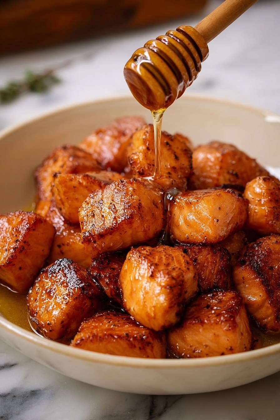 In the white bowl, many small golden-brown pieces of cooked chicken sit close together, each with a slightly crispy, textured outer layer. A woman's hand holds a wooden honey dipper above the bowl, dripping shiny, thick honey that glistens as it falls onto the warm chicken, adding a glossy shine and extra moisture. The honey highlights the rich, warm browns and soft orange tones of the chicken pieces. The background is a soft white marbled texture. photo taken with an iphone --ar 2:3 --v 7