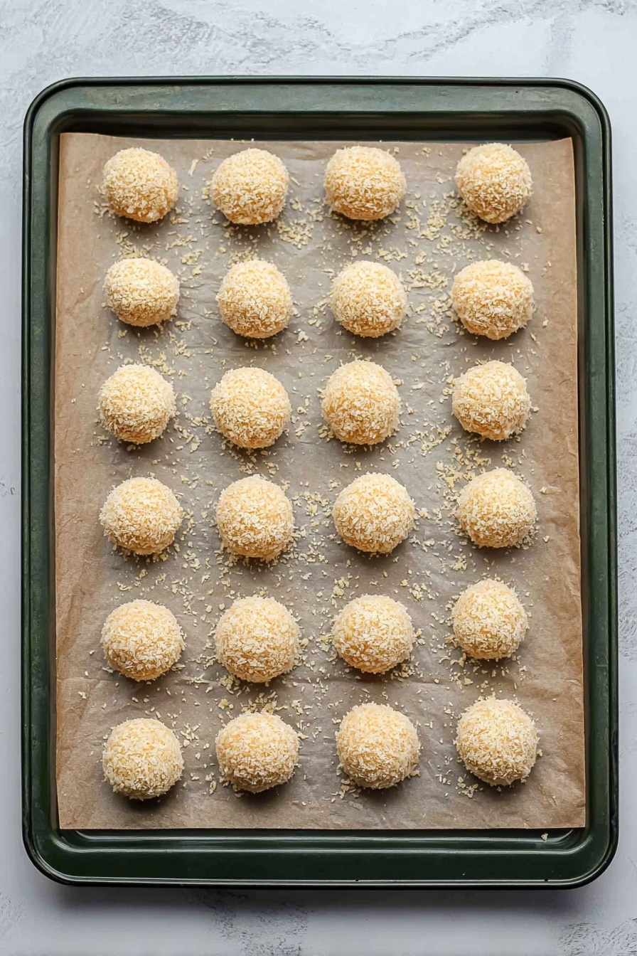 Two round golden brown fried balls with a crispy texture are placed on a white plate with delicate gold designs along the edges. One ball is whole, and the other is open, showing a soft, creamy light yellow interior with small rice pieces. There is white grated cheese sprinkled on top of both balls and scattered around on the plate, along with some black pepper flakes. A silver fork lies beside the balls on the plate, which is set on a white marbled surface. The light is soft and natural, highlighting the crunchy texture and creamy filling. photo taken with an iphone --ar 2:3 --v 7