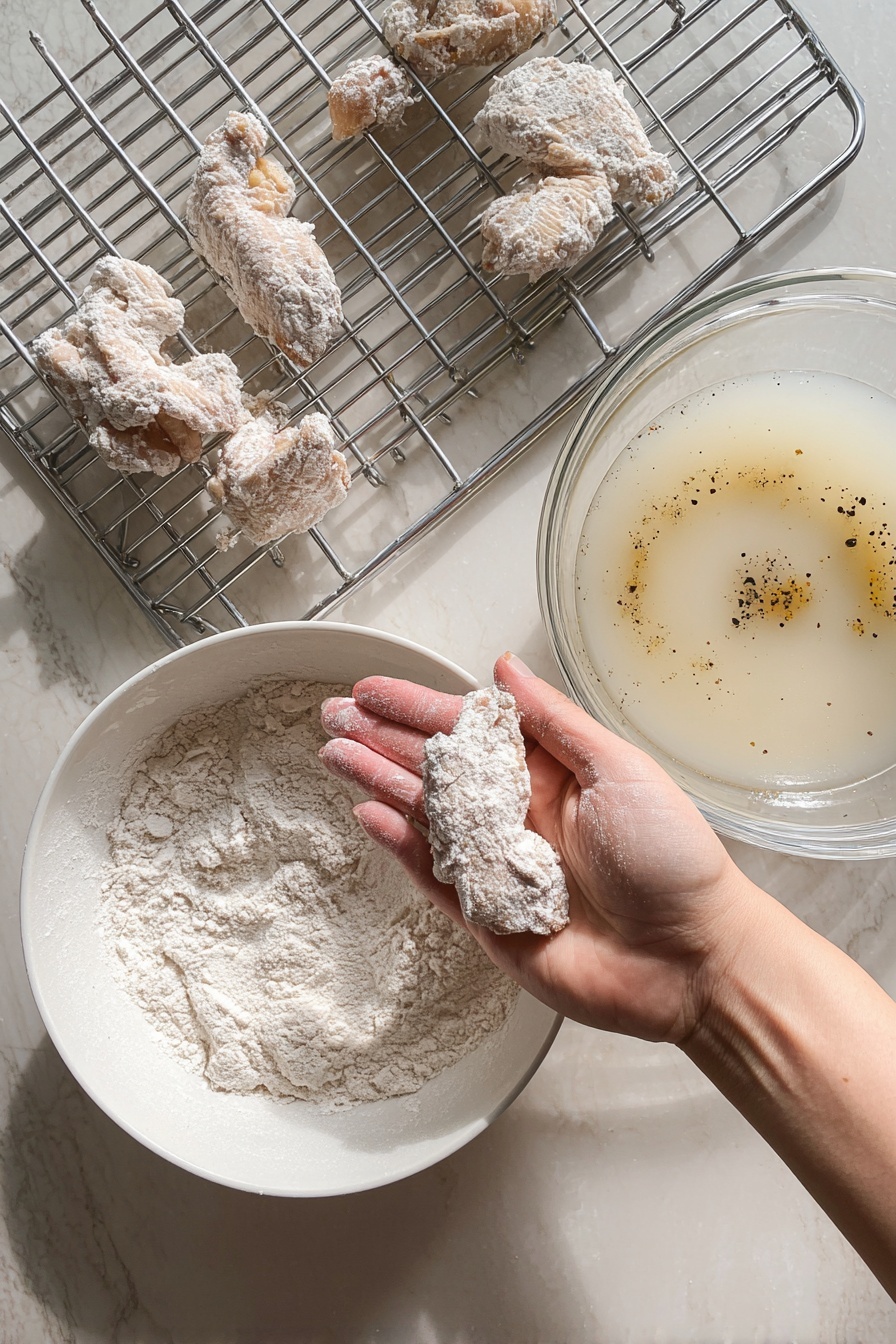 A close-up of a sandwich held by a woman's hand shows a soft golden brown bun on top and bottom. Inside, there is a thick piece of crispy fried chicken that is golden and crunchy in texture. On the chicken, there is a layer of light green and pale orange shredded cabbage or coleslaw. Both the top and bottom buns have a spread of creamy, pale orange sauce. In the blurred background, two more sandwiches sit on a white marbled surface. Photo taken with an iphone --ar 2:3 --v 7