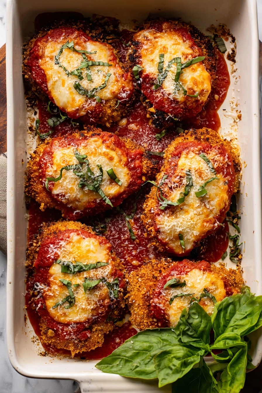 A white rectangular baking dish holds six pieces of breaded cutlets, each covered with a bright red tomato sauce layer, followed by a melted golden-brown cheese layer, and sprinkled with small pieces of fresh green herbs on top. The cutlets have a crispy textured edge that is slightly browned, and some grated cheese is scattered around the cutlets in the dish. A small bunch of fresh green basil leaves is placed at the bottom right corner of the dish. The dish sits on a white marbled surface. photo taken with an iphone --ar 2:3 --v 7